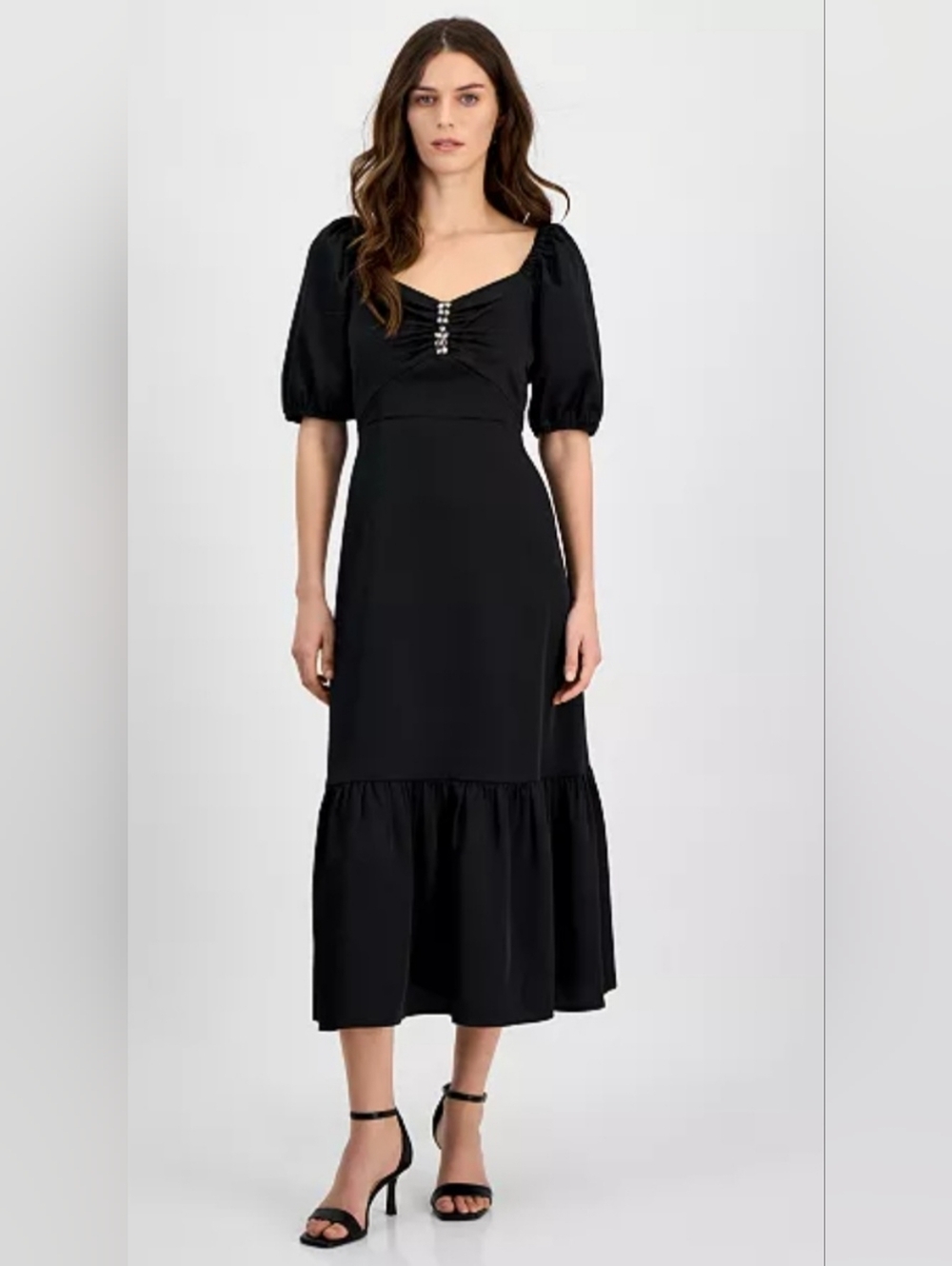 Anne Klein Black Midi Dress with Puff Sleeves and Jewel Accents